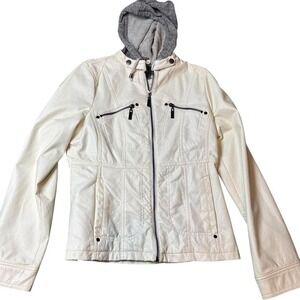 Vanity Jacket Womens Medium Cream Faux Leather Motorcycle Hooded NWT